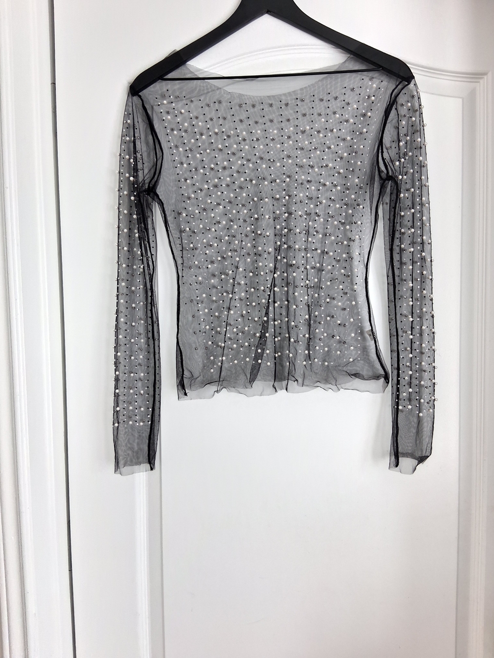 Chicwish Black Sheer Mesh Long-Sleeve Top with Pearlescent Studs